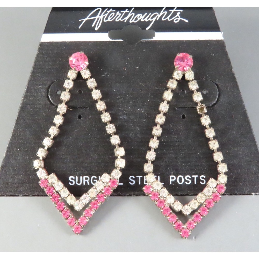 Vintage CLEAR & PINK RHINESTONE Dangle Earrings Silver Tone COCKTAIL FANCY DROP